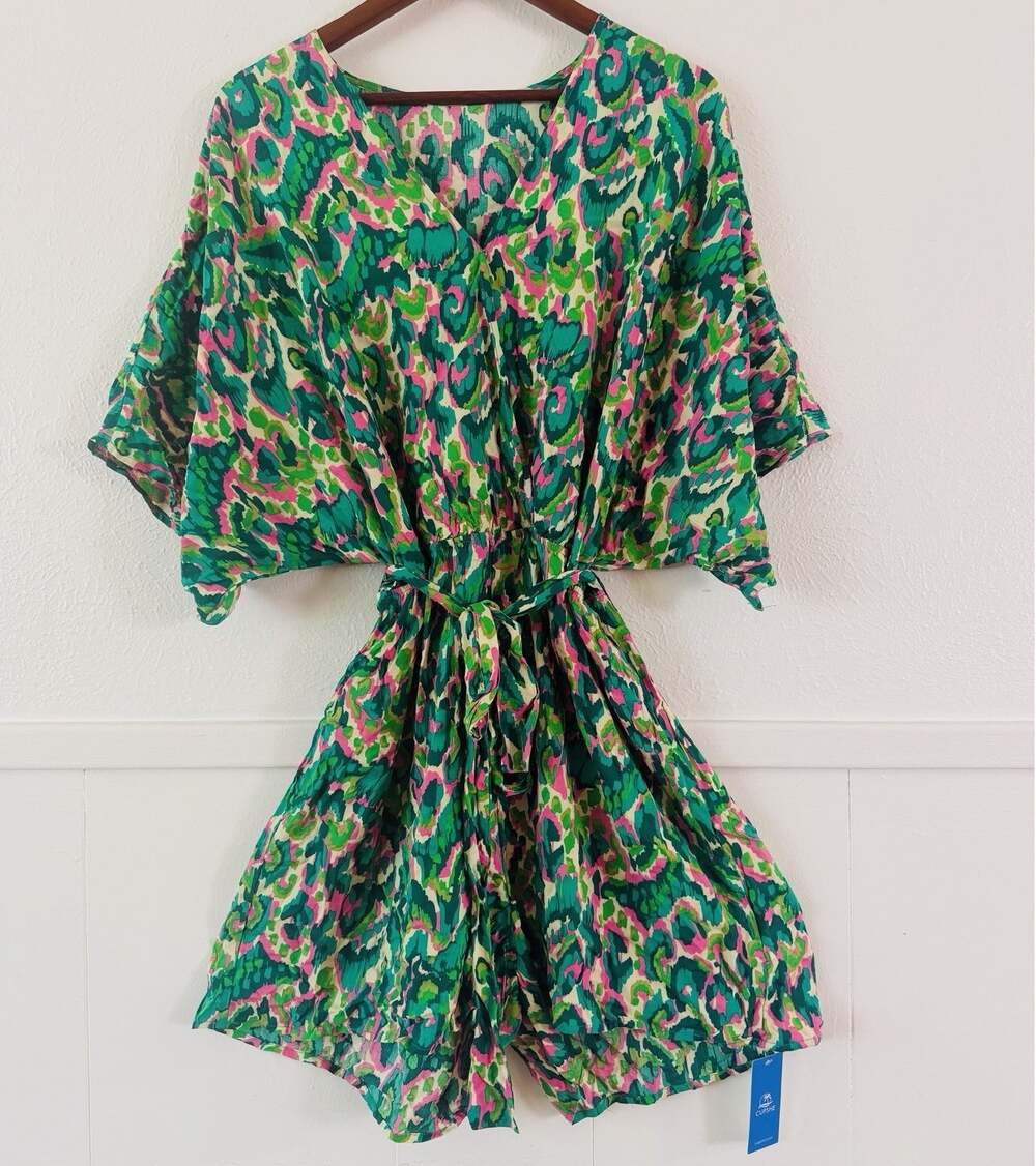 CUPSHE Womens XL Tropical Leopard Print Romper Kimono Sleeve Tie Waist NWT